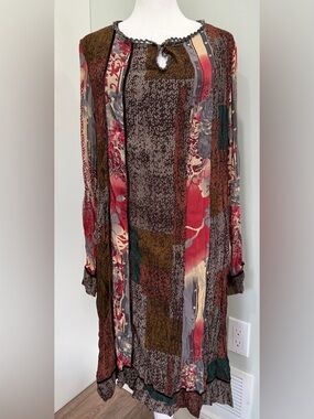 Vasna Hippie Shift Dress Patchwork Crinkle Chiffon Bead Lace Boho Size Small